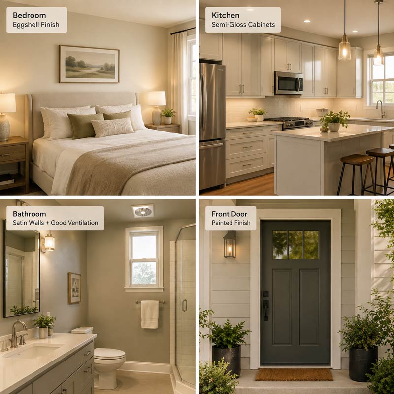 Painting different rooms, bedroom kitchen bathroom and front door compared